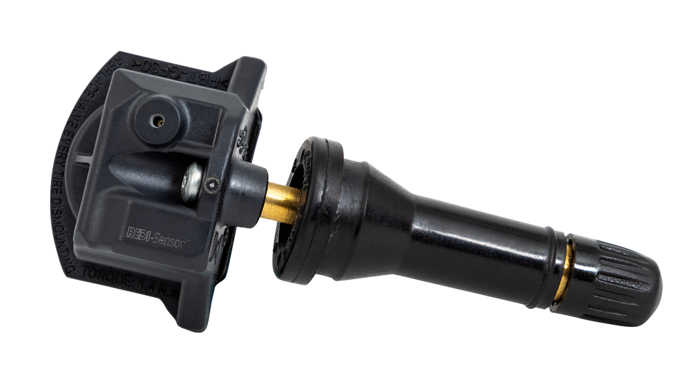 Close-up of REDI-Sensor TPMS sensor with rubber valve